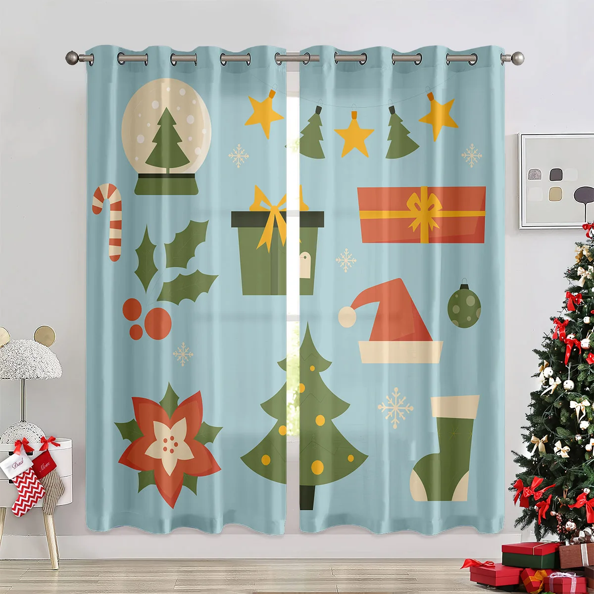 Curtains With Christmas Cartoon Prints, 100% Polyester; Festive Decorative Curtains For Children's Rooms And Holiday Parties.