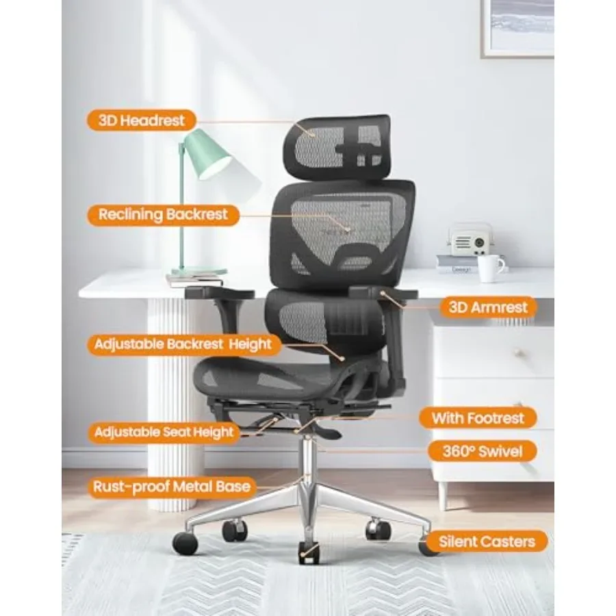 Ergonomic Office Chair for Home/Office Use, Mesh Back with Steel Frame, Black Color, Lumbar Support and 350lbs Weight Capacity