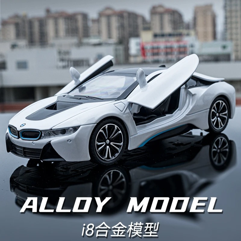 

1:22 I8 Alloy Model Car Realistic Simulation Supercar Diecast Toy Openable Doors Pull Back Function Desktop Ornament