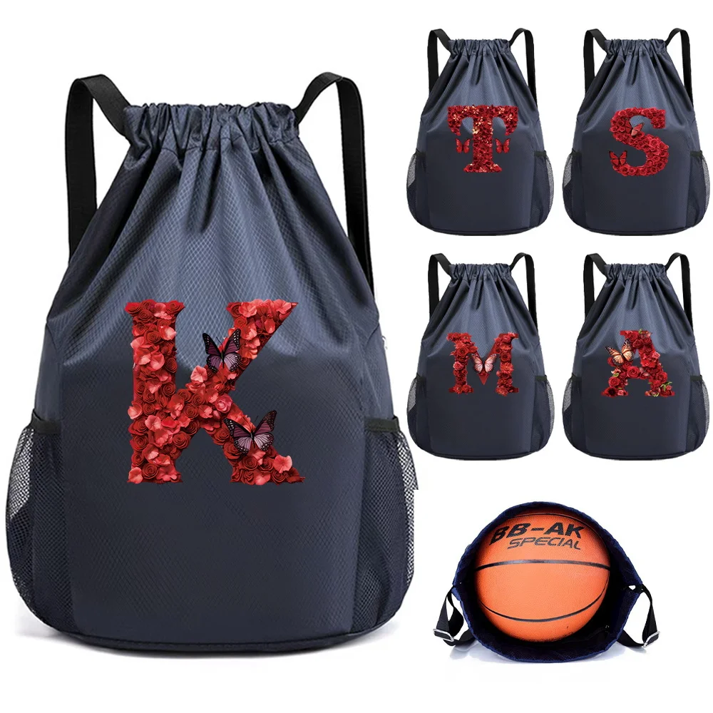 A-Z letter series waterproof drawstring gym backpack bag with zipper side pockets