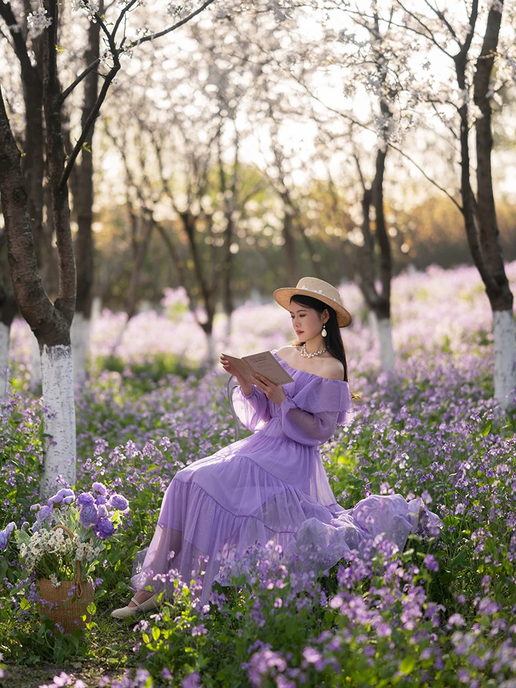 TIYIHAILEY Long Maxi Chiffon Women Ladies Dress Full Lantern Sleeve 2025 Slash Neck S-M Spring Autumn Summer Purple Yellow White