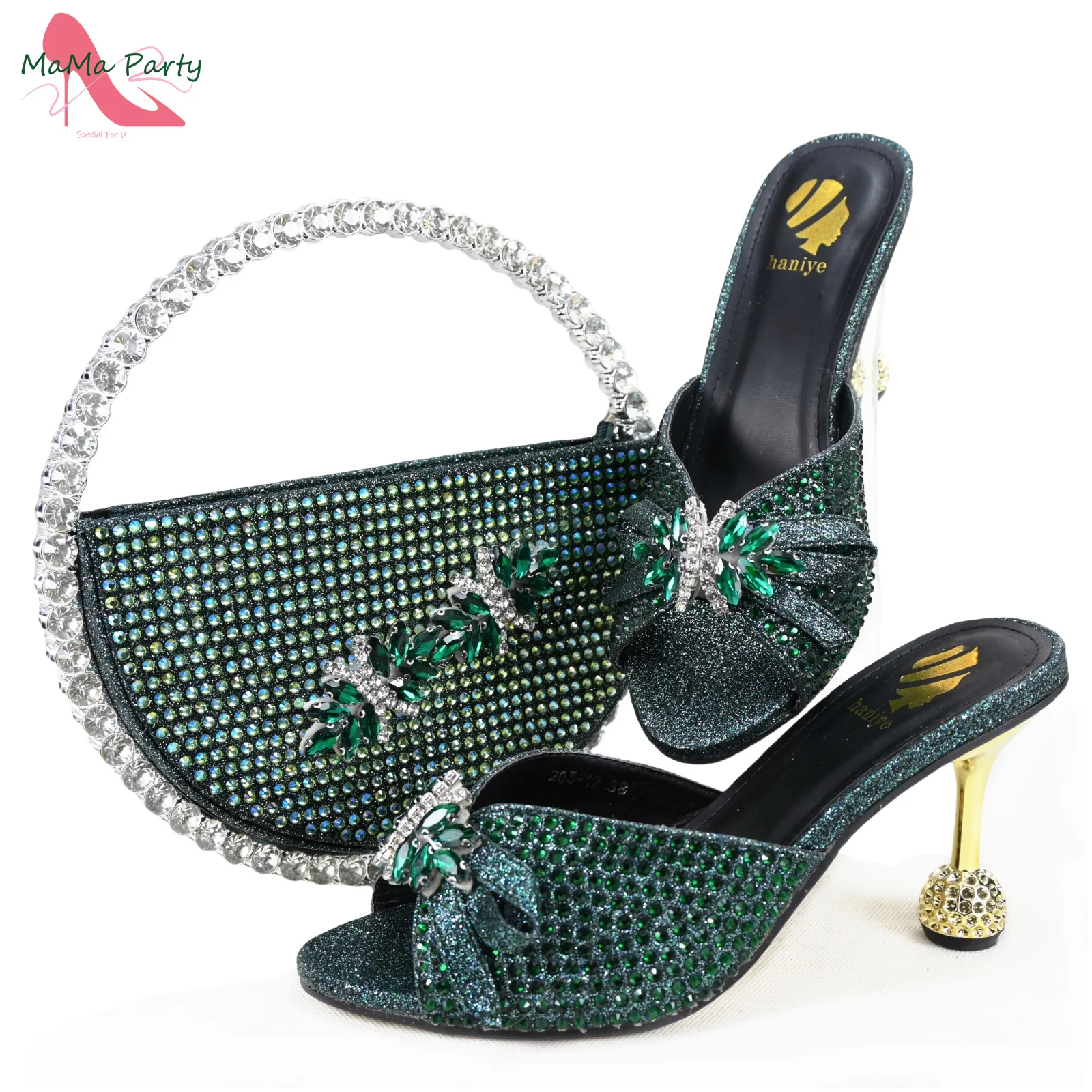 2025 Winter Newest Coming Fashion Nigerian Women Shoes and Bag Set in Green Color Full Crystal Super High Heels for Wedding