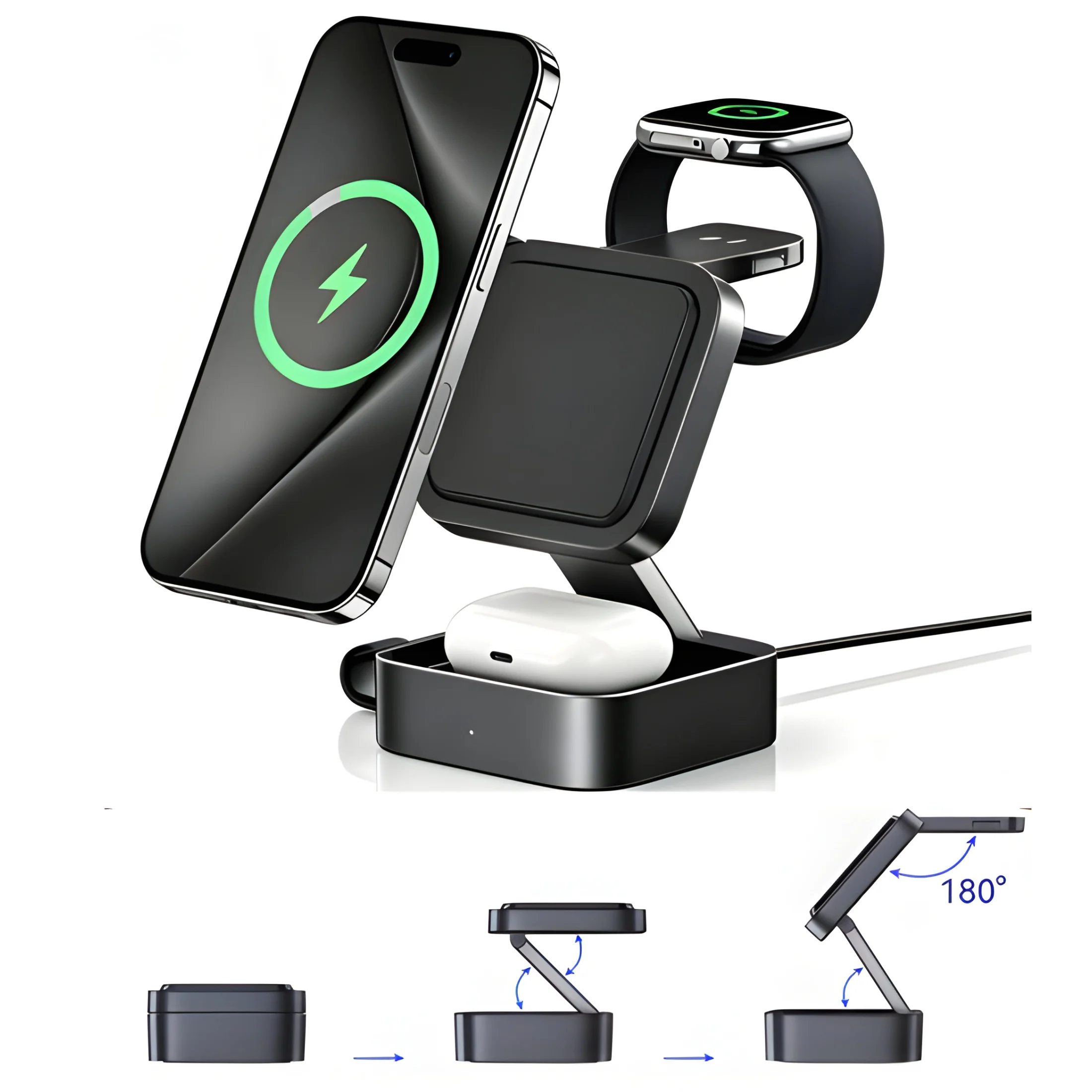3-in-1折りたたみ式磁石吸着ワイヤレス充電ステーション。スマートフォン、スマートウォッチ、イヤホンを同時に充電可能。最大15wの急速充電に対応。コンパクトなデスクトップオーガナイザー。