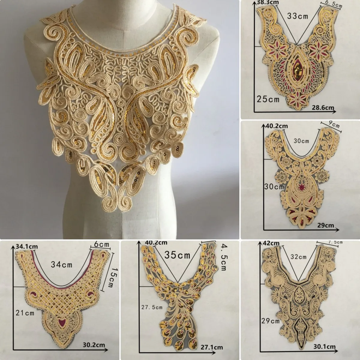 Wholesale sales of 1-10 piece golden embroidered Collar shape Beading  embroidery sewn lace decorative clothing accessories