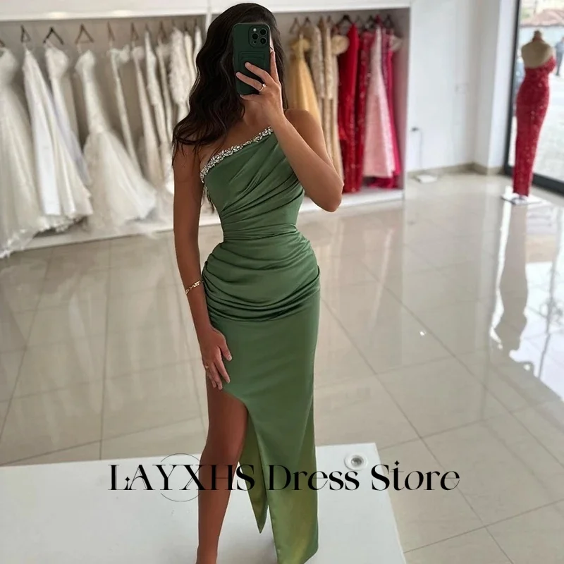 LAYXHS เซ็กซี่สีเขียวไหล่ชุดราตรีเงาประดับด้วยลูกปัดด้านข้างข้อเท้า-ความยาวพรรคอย่างเป็นทางการชุดที่กําหนดเอง FBستانة
