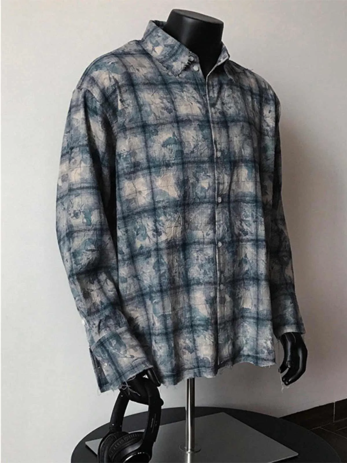 

American Sle Blue Plaid irt Jaet Men's High-End Feeling Cool Spring Autumn Retro Plaid irt Outerwear Polyester Fiber