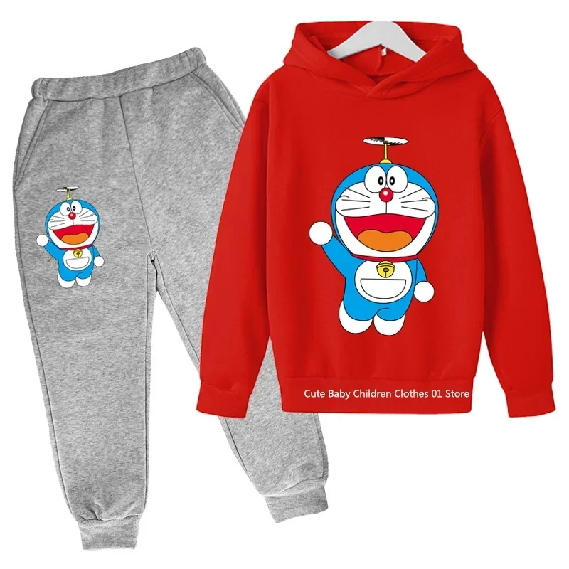 Doraemon Tracksuit Sets Boys Girls Outdoor Sports Clothes Sets 3 To 14 Years Clothes For Teenagers Team Hoodie + Pants