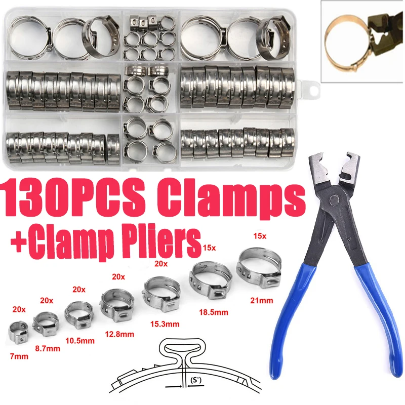 130pcs Stainless Steel Single Ear Stepless Hose Clamps Assortment Box Kit With 1 red/blue Crimp Plier