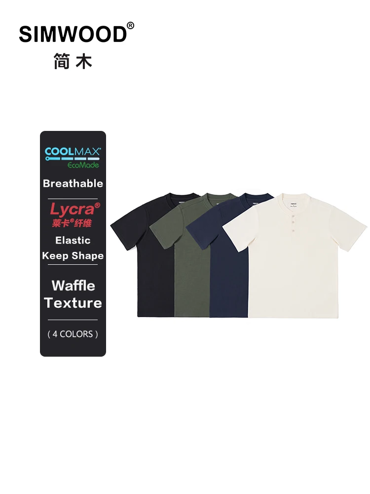 SIMWOOD-camisetas transpirables de talla grande para hombre, camisas de tejido Henley con textura de gofre, 250GSM, novedad de verano, 2024