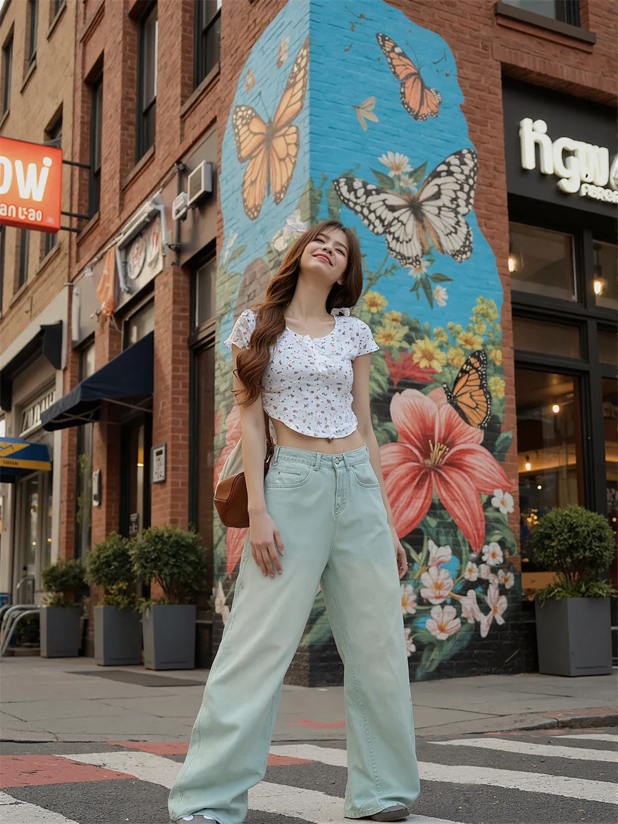 

Потертые джинсы с широкими штанинами, женские потертые джинсы с вышивкой и цветочным принтом из бисера, художественные, модные, в стиле ретро, в стиле пэчворк, синие, художественные