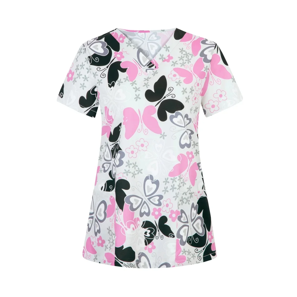 Women's Medical Uniforms Comforts V-Neck Floral Butterfly Print Scrub Tops Summer Short Sleeves Health Clinical Uniforms Woman