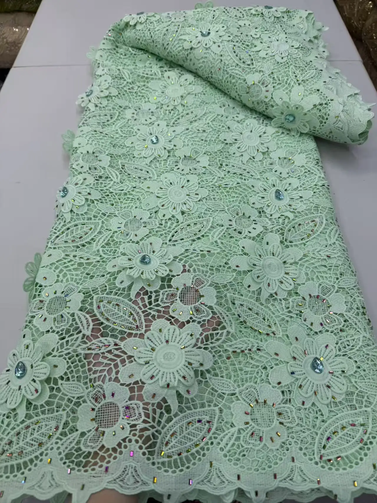 

High Quality Cord Guipure Lace Fabric with Crystals And African Stones Water Soluble Nigerian Material for Dresses 2026 Latest