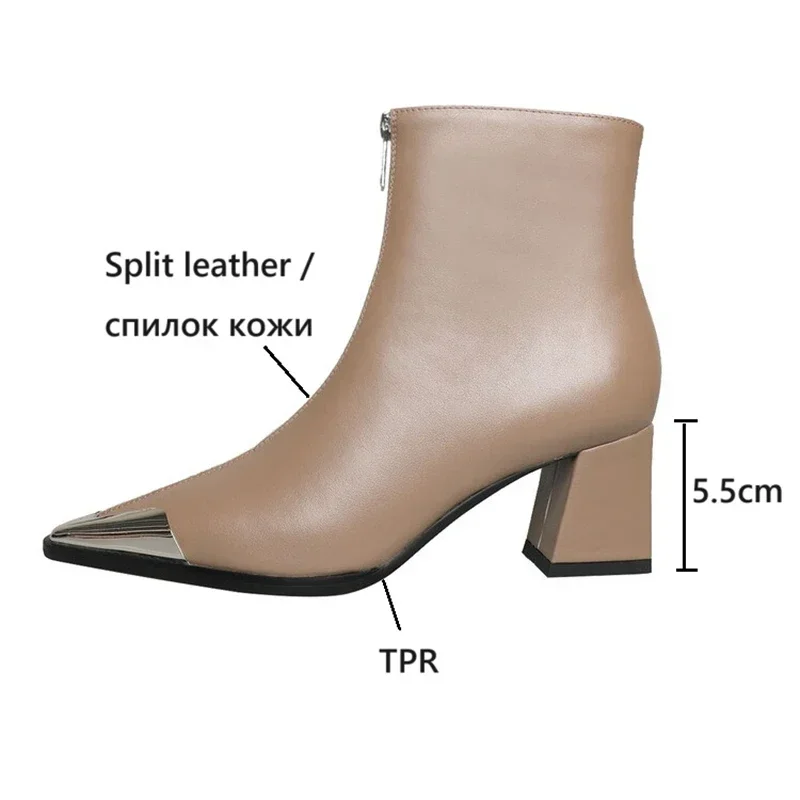 NEW Autumn Women Boots Split Leather Shoes for Women Pointed Toe Chunky Heel Shoes Zipper Ankle Boots Metal Buckle Modern Boots