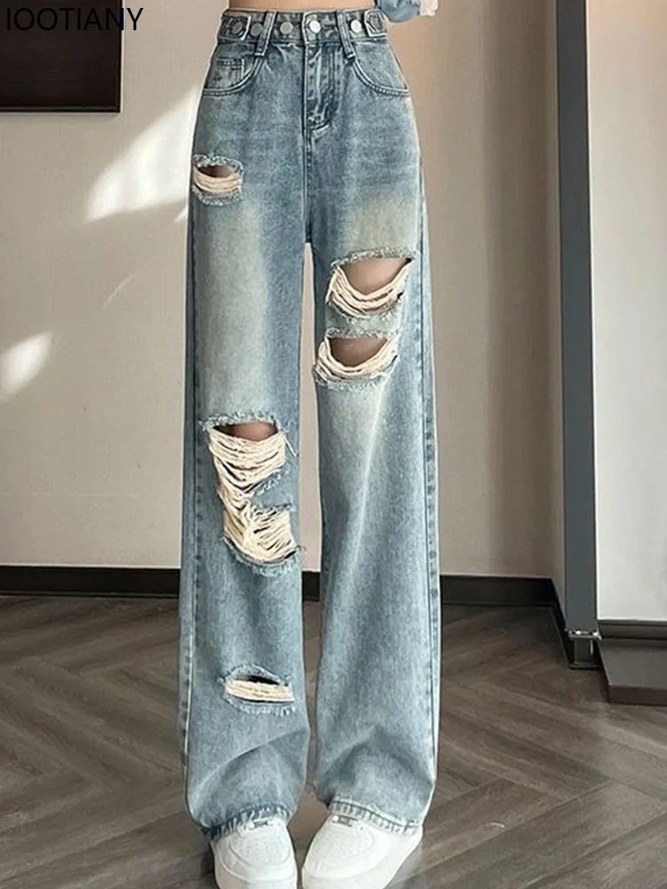 Women's American Retro Ripped Jeans Women's High Waist Washed Adjustable Denim Pants Women's Blue Loose Wide Leg Jeans