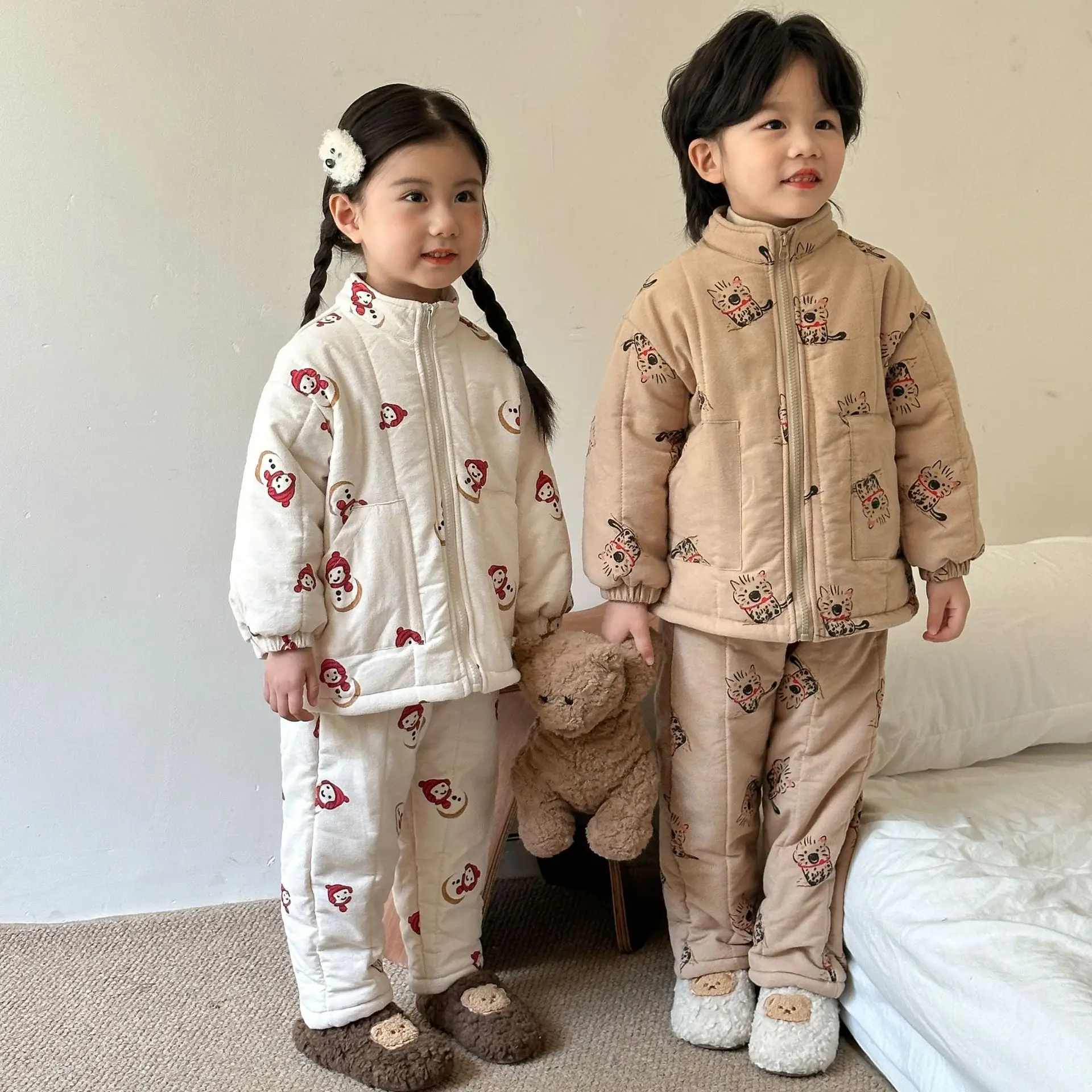 2024 Winter New Children Plus Velvet Thick Pajamas Suit Boys Girls Cartoon Print Home Clothes Set Kids Thicken Warm Outfits