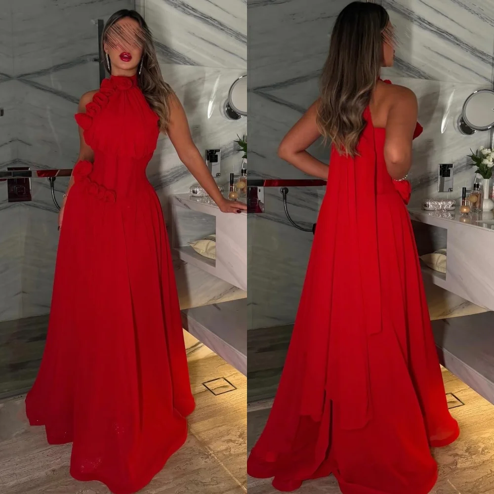 

Customized Fashion Casual Chiffon Pleat Handmade Flower A-line High Collar Long Dresses Bespoke Occasion Dresses High Quality