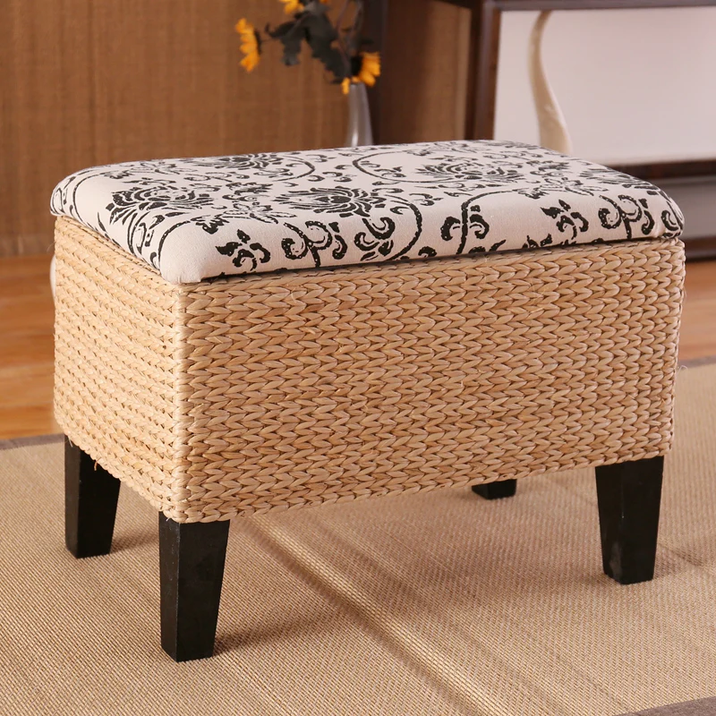 

Тканый табурет для хранения из морских водорослей, табурет для смены обуви из цельного дерева, скамейка для прихожей с сиденьем, органайзер из натурального волокна для гостиной, сундук