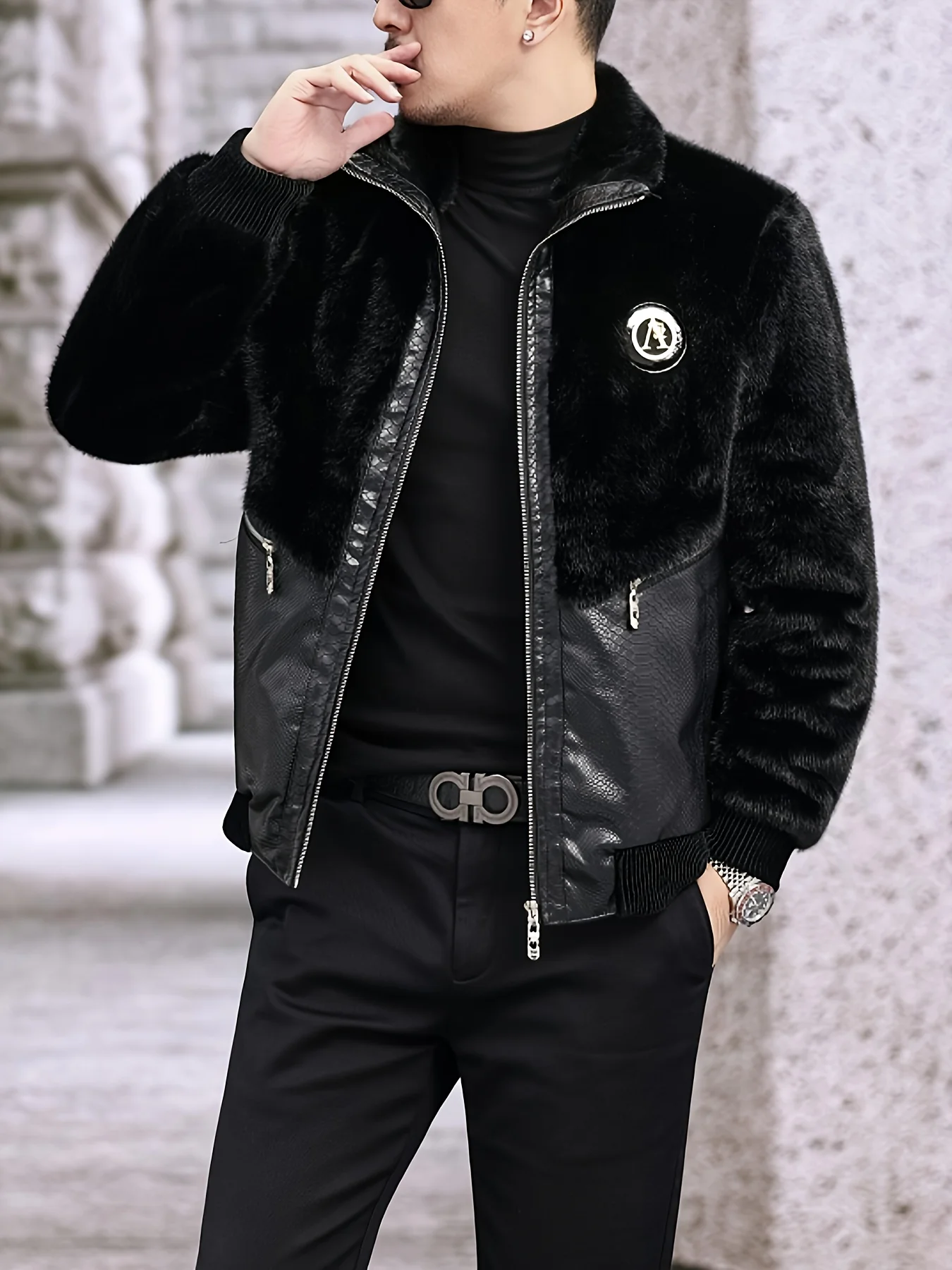 Winter Stand-Up Collar Men's Fashionable Casual Warm Faux Mink Fur Spliced Pu Leather Jacket