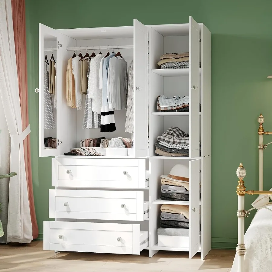 71 Wooden Wardrobe Cabinet with 4 Doors Built-in Mirror and Drawers for Bedroom: Large Capacity Clothing Storage with Hanging R