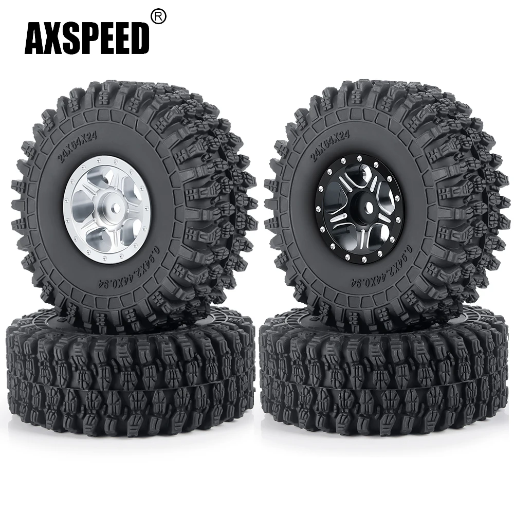 AXSPEED 4Pcs TRX4M Beadlock Metal Wheel Rims 64mm Rubber Tires Set for TRX-4M Defender Bronco 1/18 Axial SCX24 1/24 RC Car Truck