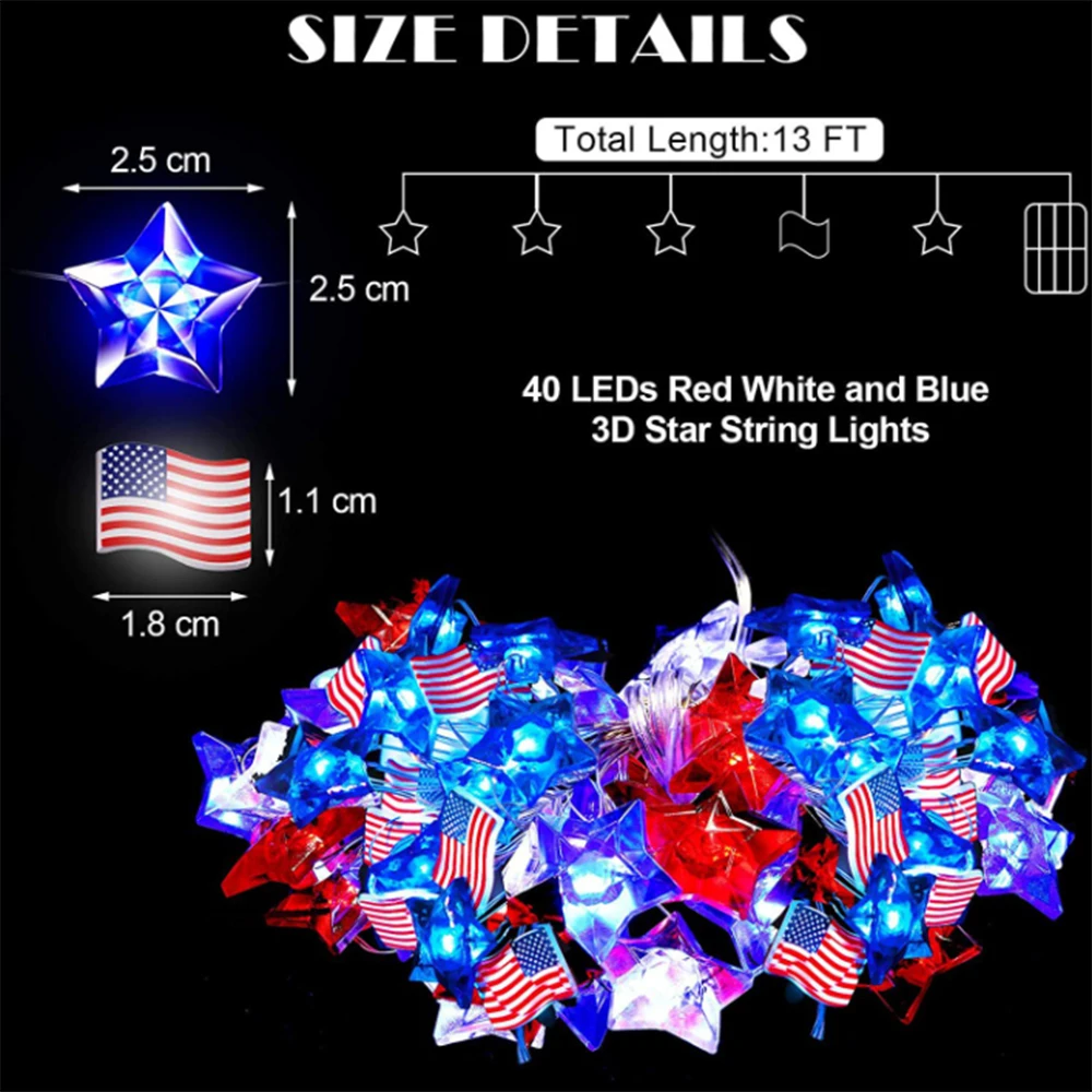 Cadena de luces de bandera americana, decoración del Día de la independencia, lámpara LED operada para interiores y exteriores, Garde para el hogar