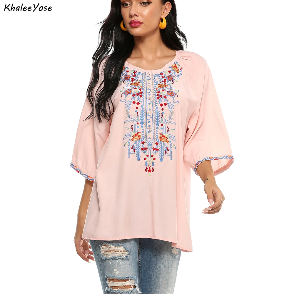 

KHALEE YOSE Pink Floral Embroidery Blouses Shirt Cotton Boho Spring Mexican Shirt Flare Sleeve Women Front 3xl Ethnic Shirt