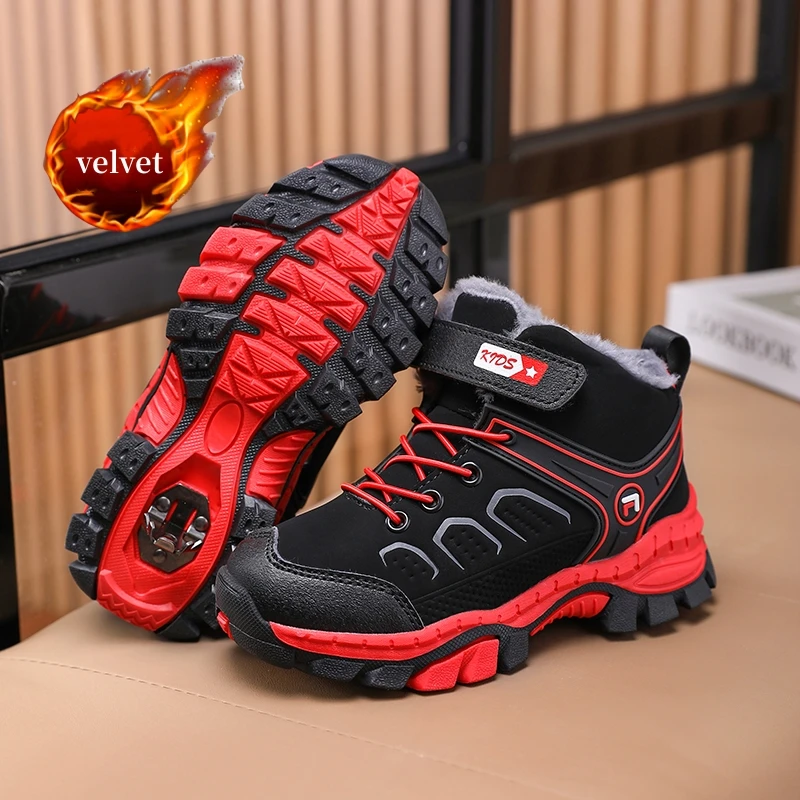 

Winter Fur Hiking Boots Kids Anti-skid Steel Claw Sneakers Boys Outdoor Warm Velvet Snow Boots High Top Children's Sports Shoes