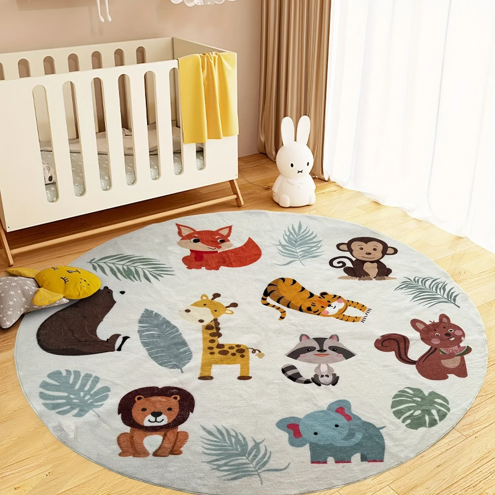 Soft Round Floor Mat - Cartoon Animal Design with Fox Giraffe Lion, Washable Comfortable Area Rug for Bedroom Nursery