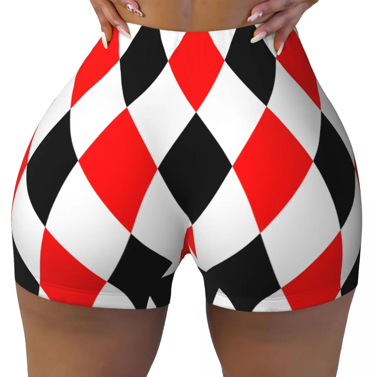 Yoga Shorts Red Black And White Rhombuses Pattern Women Biker Tight Elastic Workout Sports Leggings Sportswear