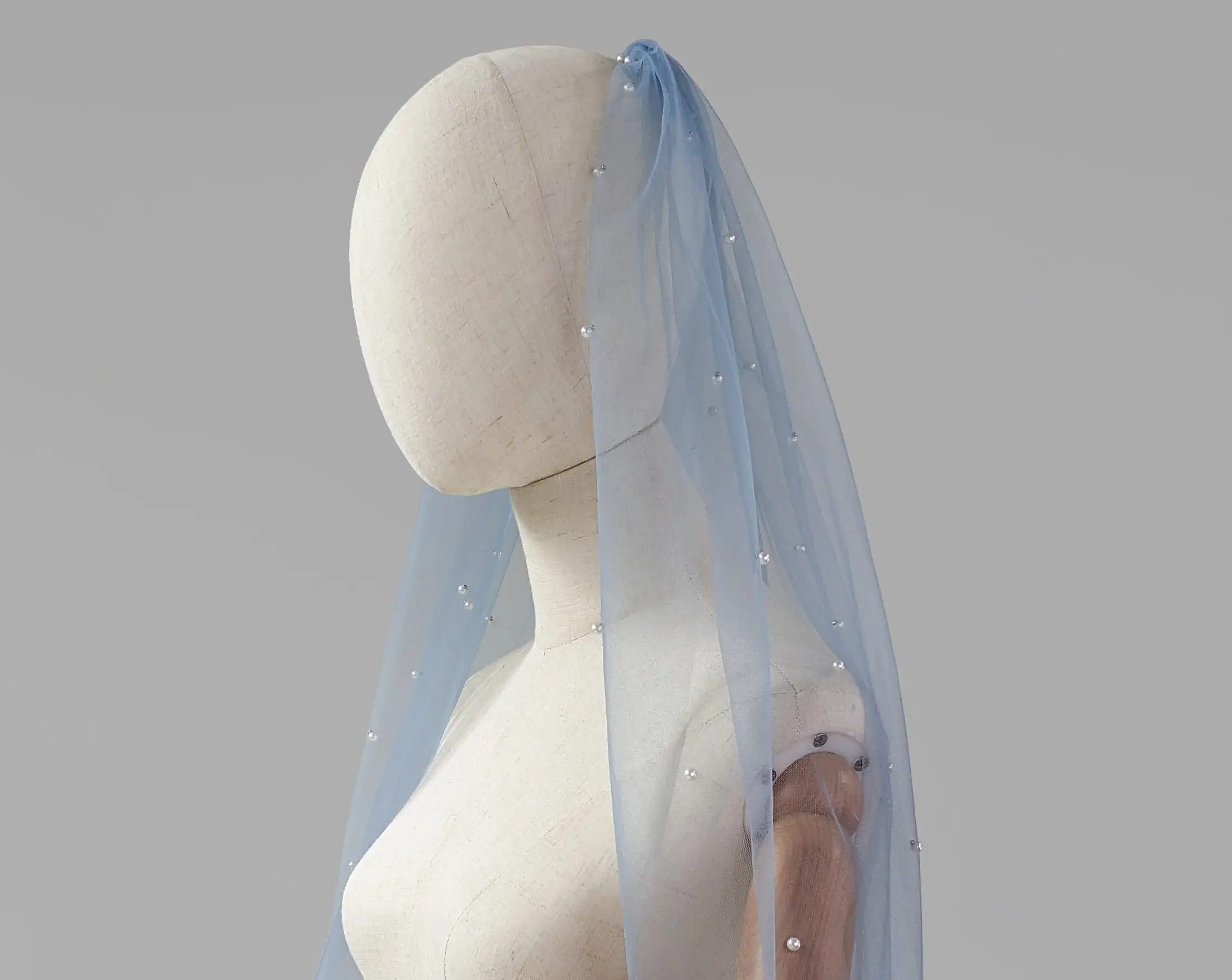 Véu do casamento azul empoeirado com pérolas, céu azul cor tecido, White Pearl Veil-Pérolas dispersas, Silver Bridal Comb