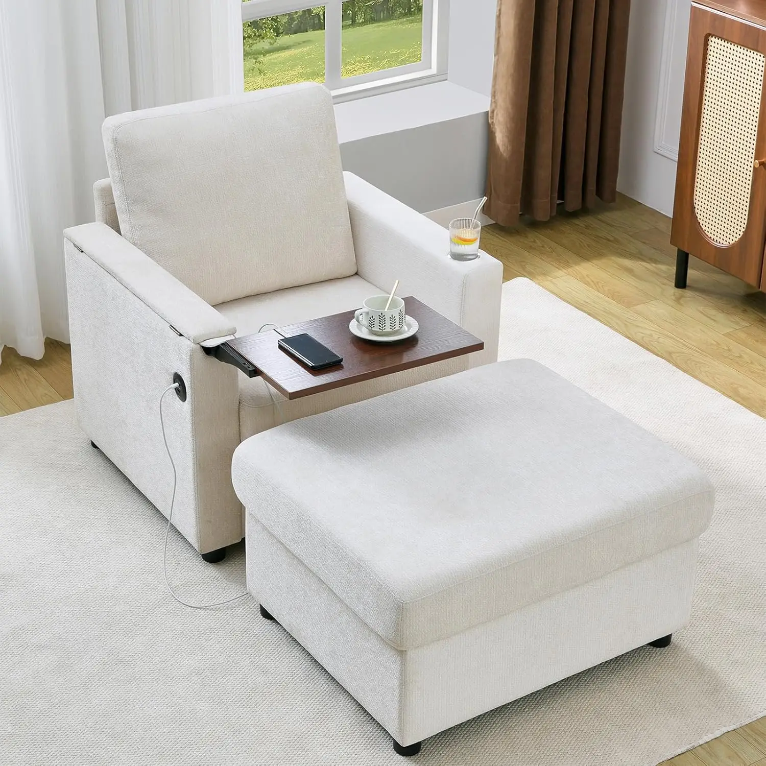 new Modern Accent Chairs with Storage Ottoman Set, Comfy Chenille Reading Armchair with Tray Table and Charging Port,, Customize