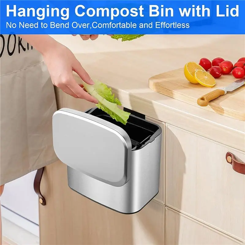 DT20 2X Hanging Stainless Steel Compost Bin 1.05 Gallon Wall Mounted Trash Can with Lid for Kitchen Cabinet Door Sink