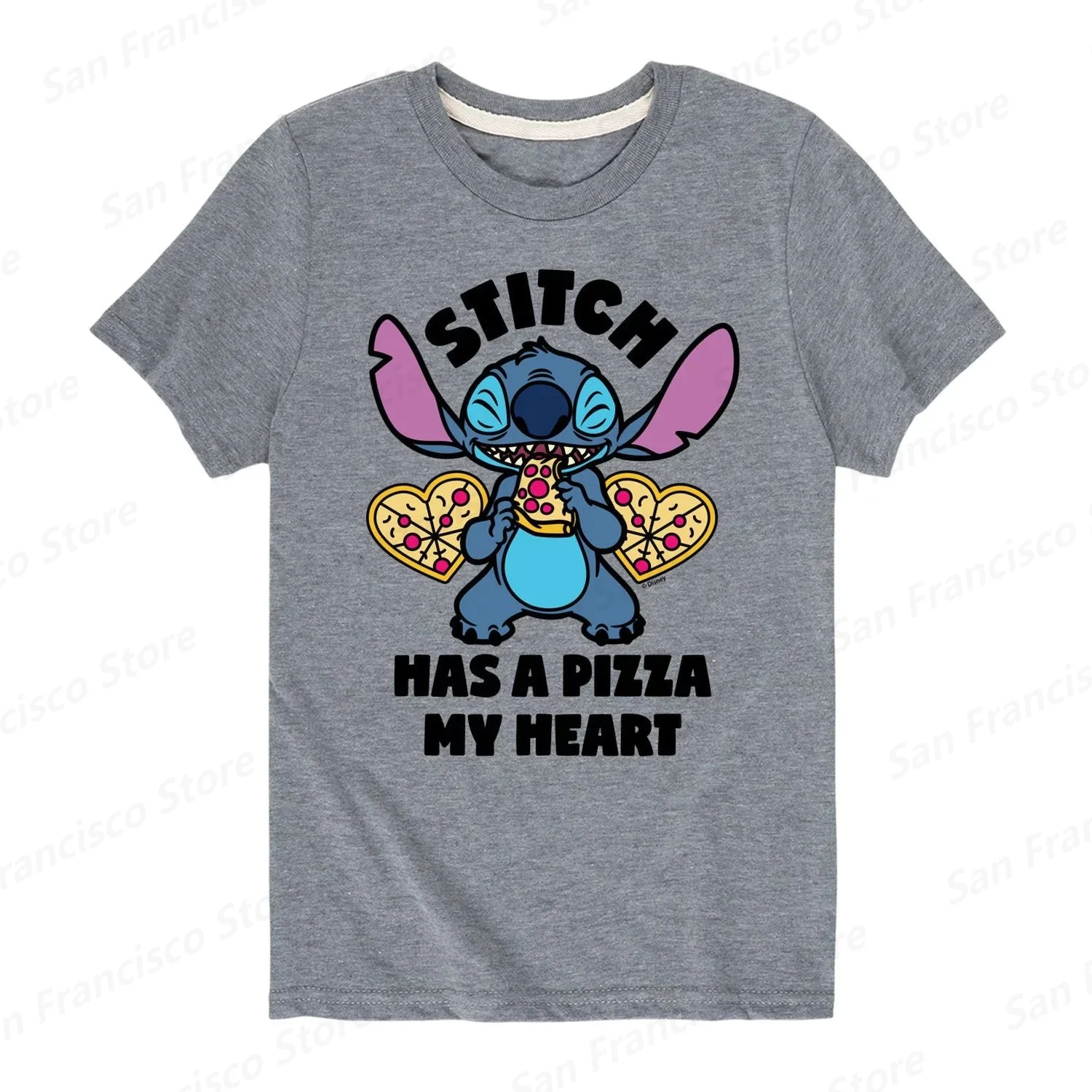 Summer Hot Sale Disney Stitch Love Pizza Printed Boy and Girls Grey T-Shirt KID/Adult Crew Neck Short Sleeve Casual Top Pullover