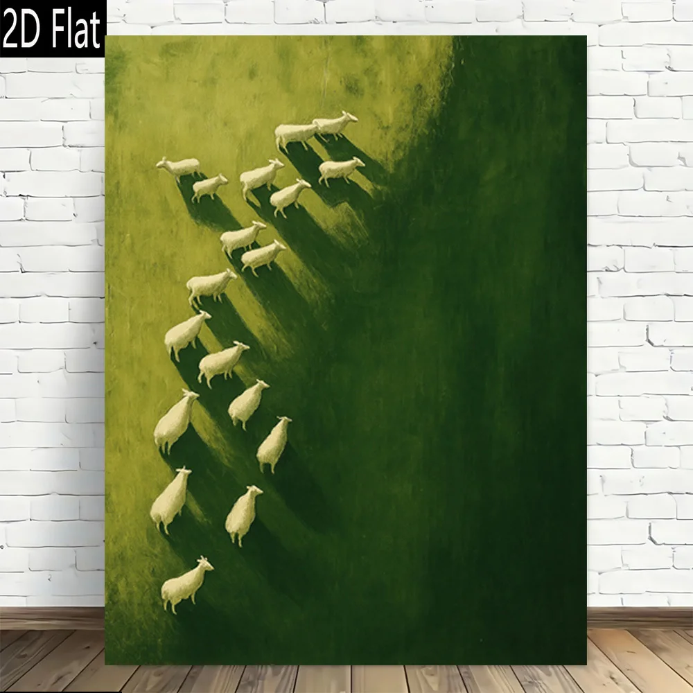 2D Flat, 1pc Frameless Canvas Wall Art Poster - Modern Minimalist Pastoral Painting, Green Background with Moving Sheep Herd
