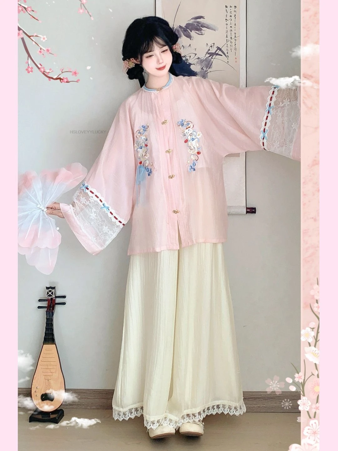 Hanfu Daily Chinese Style Modified Round Collar Embroidered Shirt New Chinese Style Skirt Pants Women Improved Hanfu Dress Set
