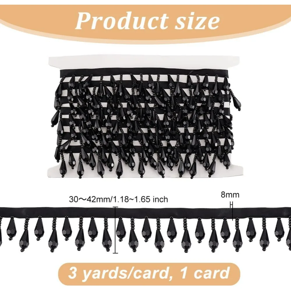 3 Yards/2.7m Black Beaded Fringe Trim Decorative Beaded Fringe Teardrop Fringe Trim Polyester Bead Tassel for Wedding