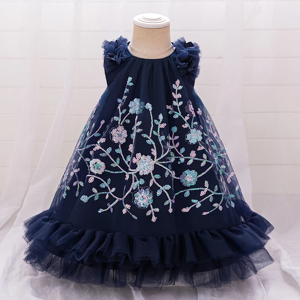 Blumen stickerei Party Tutu Kleid für Mädchen Kinder blaue Spitze Sommer Tutu Kleider Prinzessin Kleid Mädchen ärmellose Taufe tragen
