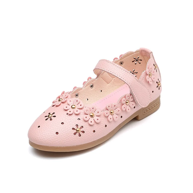

New Girls Spring Autumn Leather Shoe Children Princess Soft Soled Falower Single Shoes Baby Kids Hollow Velcro Solid Color Shoes