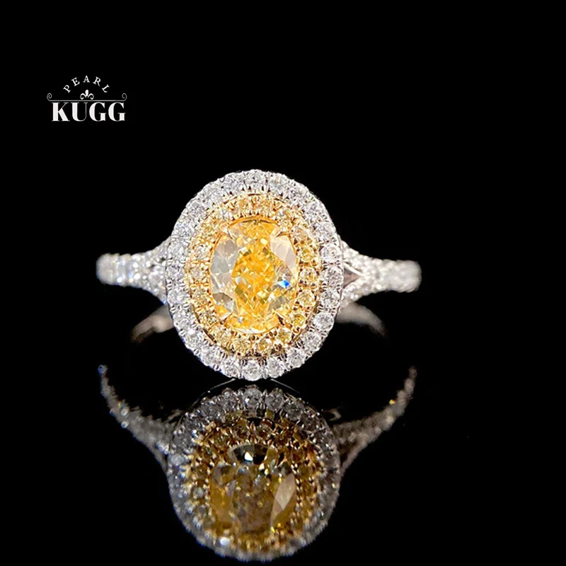 KUGG 100% 18K White Gold Rings Luxury Oval Shape Real Natural Yellow Diamond Engagement Ring for Women High Party Jewelry
