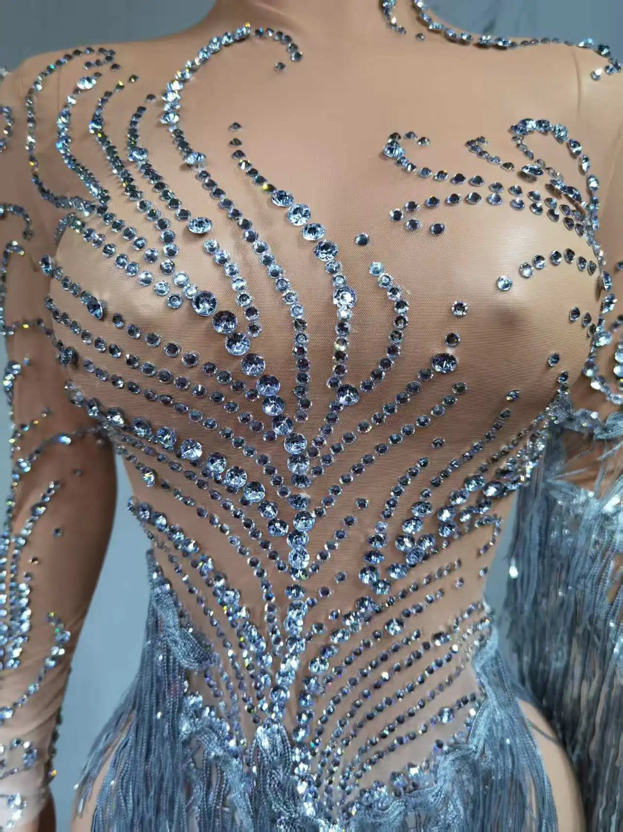 فستان سهرة نسائي شفاف شبكي مثير مع شرابات ترتر من حجر الراين المتلألئ، يستخدم في زي الرقص للاحتفال بعيد الميلاد