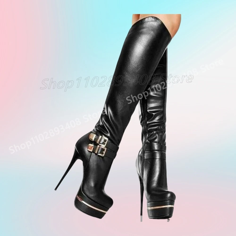 

Ankle Buckle Belts Decor Mid Calf Boots Platform Black Matte Leather Stiletto High Heel Party Sexy Women Shoes 2025 Para Mujere