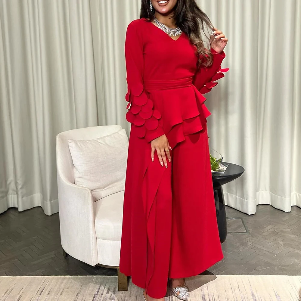 

Customized Formal Jersey Red Off the Shoulder Evening Dress Temperament V-Neck Straight Long Sleeves Bespoke Occasion Gowns