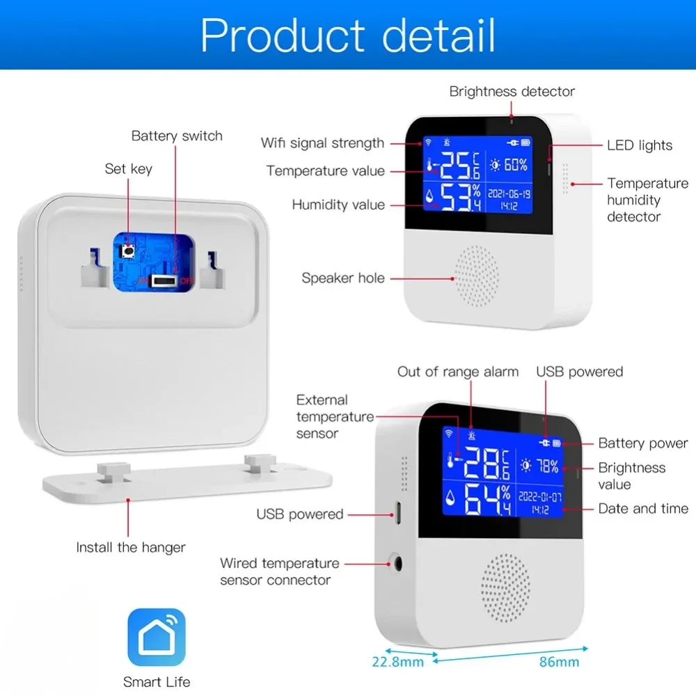 Wireless Wifi Temperature Humidity Sensor Alarm for Indoor and Outdoor Use, Compatible with Alexa