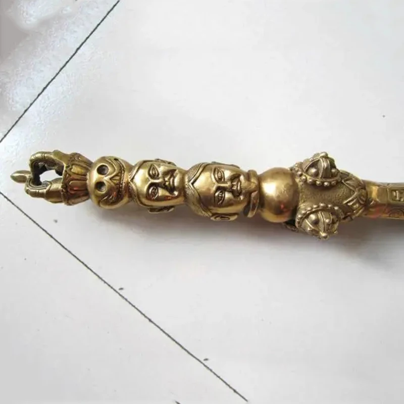 Chinese copper Buddhist or Taoist instrument Vajra sword Buddha head old long