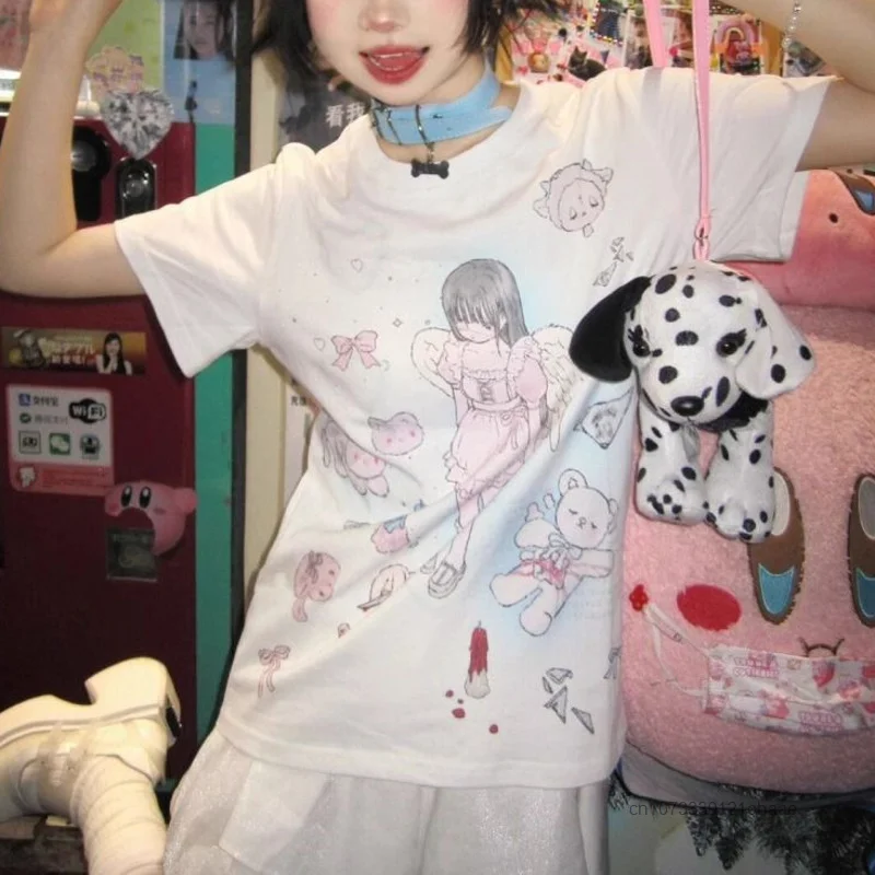 Women Summer New Harajuku Angel Girl Print Short Sleeve T-shirts Y2k Couple Anime Fashion Tops Japanese Style Cotton Loose Tees