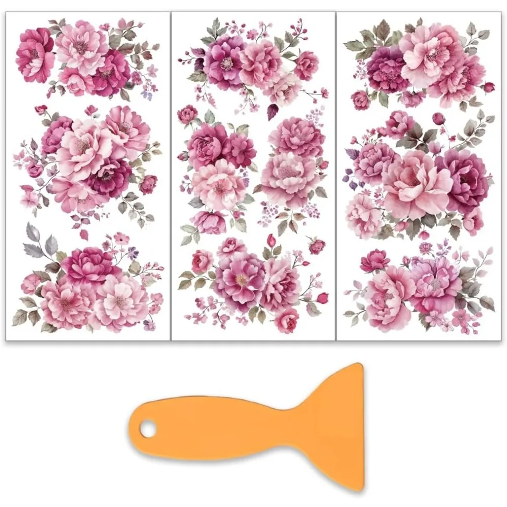 3 Stück/Set rosa lila Blumen-Reiben auf Transfers für Möbel und Kunsthandwerk, 15,2 x 30,5 cm, Pfingstrosen-Möbelaufkleber, Transferaufkleber