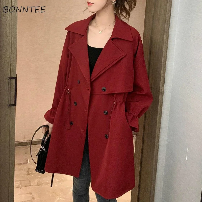 

Trench Coat Women Solid Design Retro 3XL Adjustable Waist Leisure Elegant Korean Fashion Long Autumn Outwear All-match Chic Lady