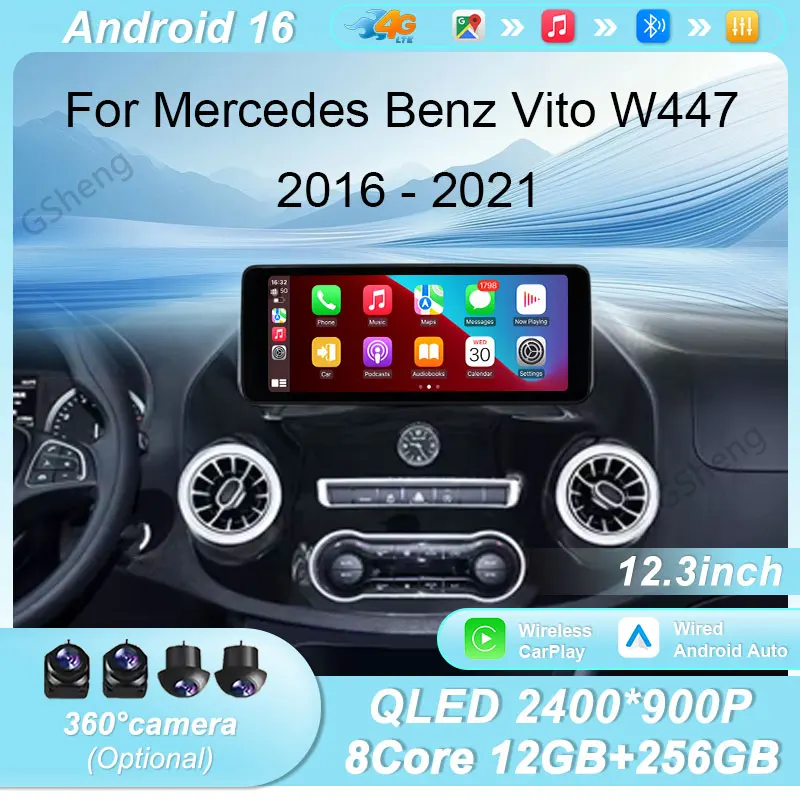 For Mercedes Benz Vito W447 2016‑2021 Car Radio GPS Navigation Multimedia Player 12.3 inch Android 16 Intelligent System BT WiFi
