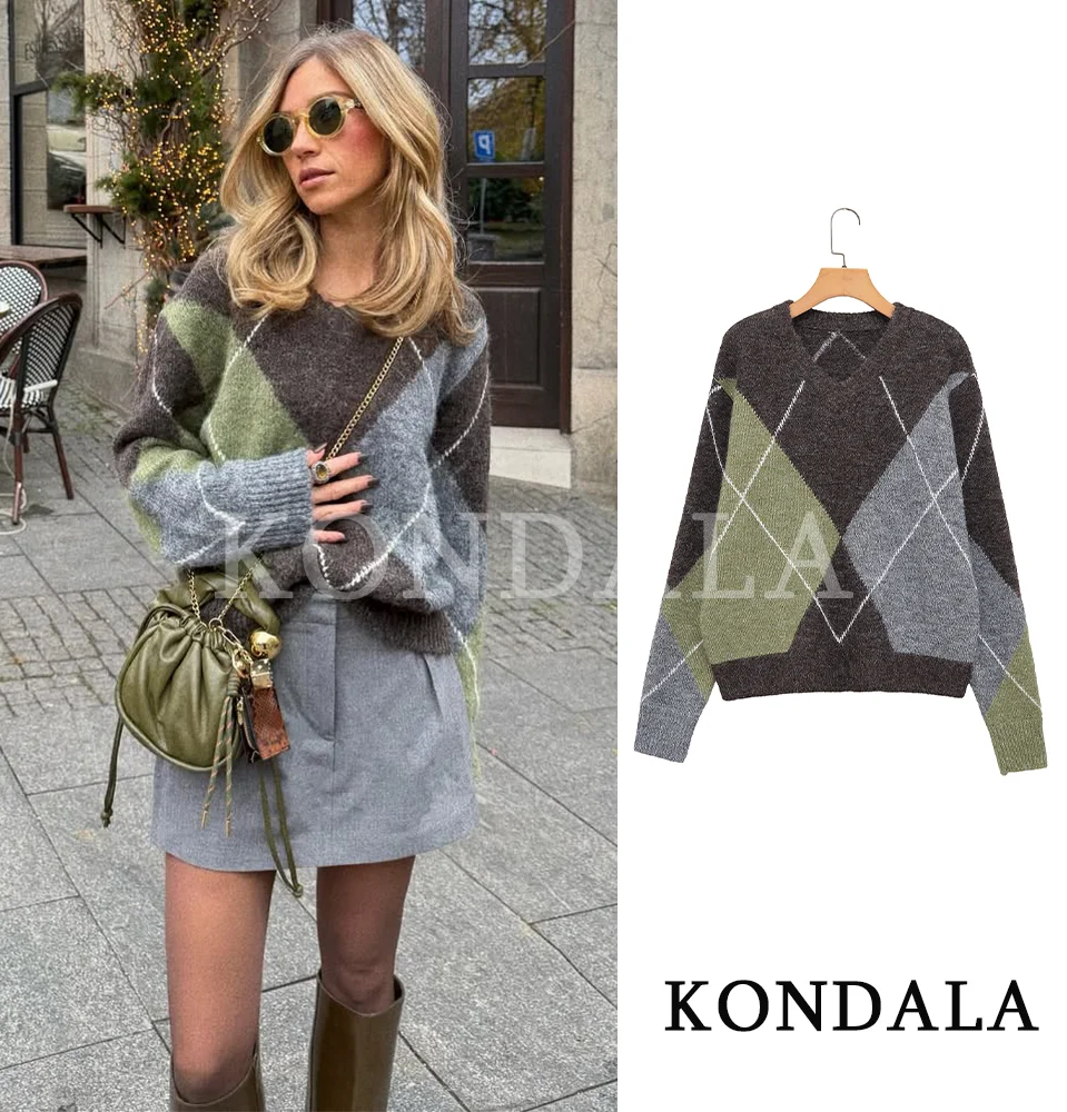 KONDALA Casual V-Neck Rhombus Sweater Women Elegant Simple Versatile Knit Sweater 2026 Spring Fall Fashion Contrasting Sweater