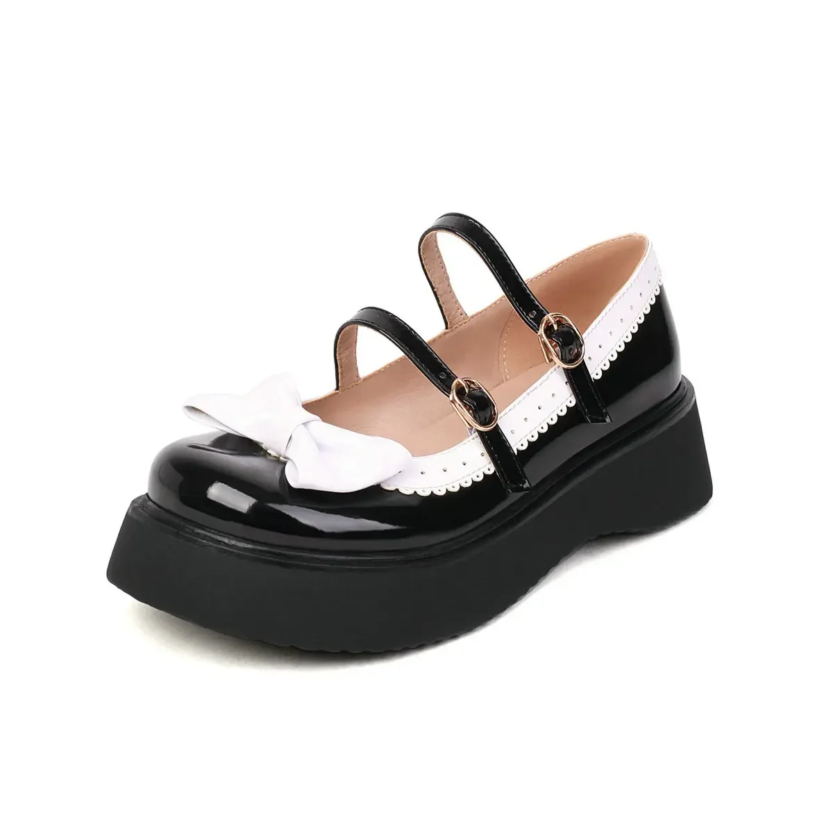 

Women Bow Mary Janes Wingtip Shoes Patent Leather Wedges Low Heel Strappy Pumps Cute Goth Lolita Cosplay Dress Shoes